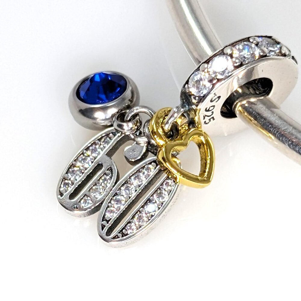 Sterling Silver 60th Birthday with Birthstone Dangle Charm - CUSTOMIZABLE